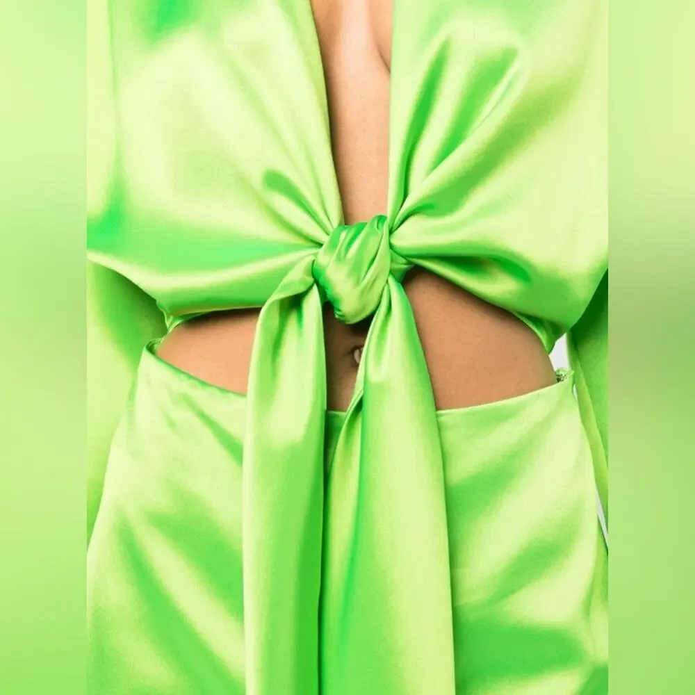 RETROFETE Knot-Detail Cut-Out Shirtdress Lime Green Deep V-Neck Tie Front Sm NEW - Picture 5 of 16
